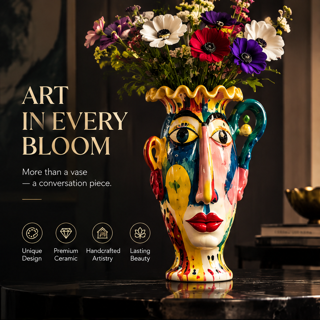 SCULPVE Pop-Art Face Hand-Painted Ceramic Portrait Vase