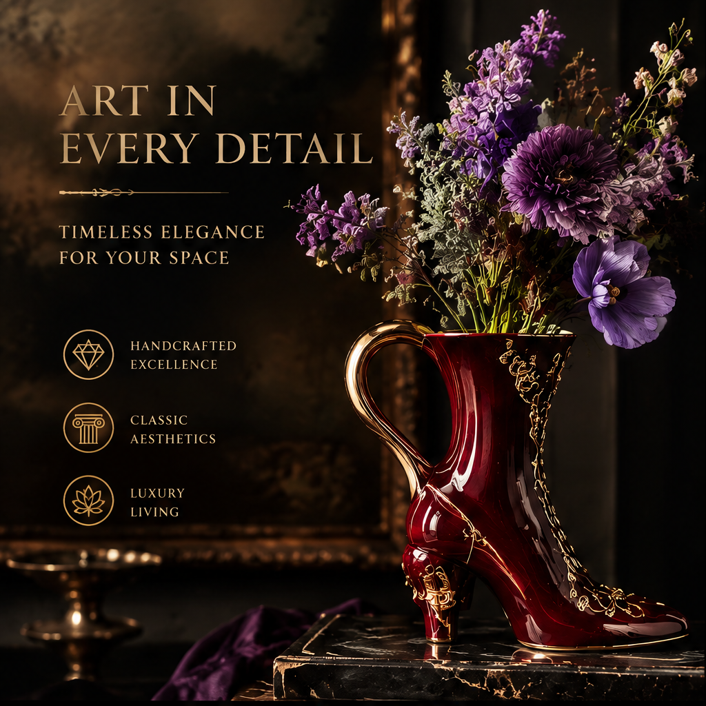 SCULPVE Burgundy Gold High-Heel Boot Ceramic Luxury Vase