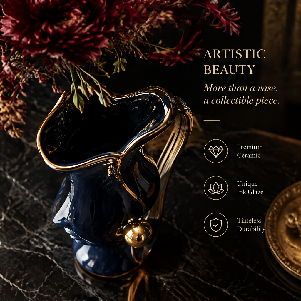 SCULPVE Ink Blue Gold-Rim Profile Face Ceramic Pitcher Vase