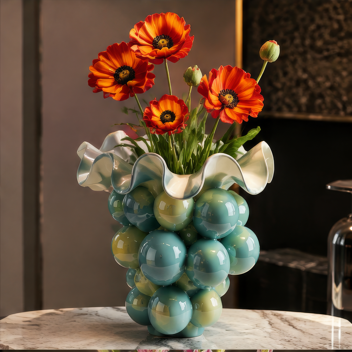 SCULPVE Teal Bubble Grid Ruffle-Rim Art Glass Vase