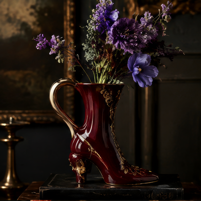 SCULPVE Burgundy Gold High-Heel Boot Ceramic Luxury Vase