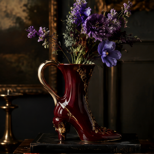 SCULPVE Burgundy Gold High-Heel Boot Ceramic Luxury Vase
