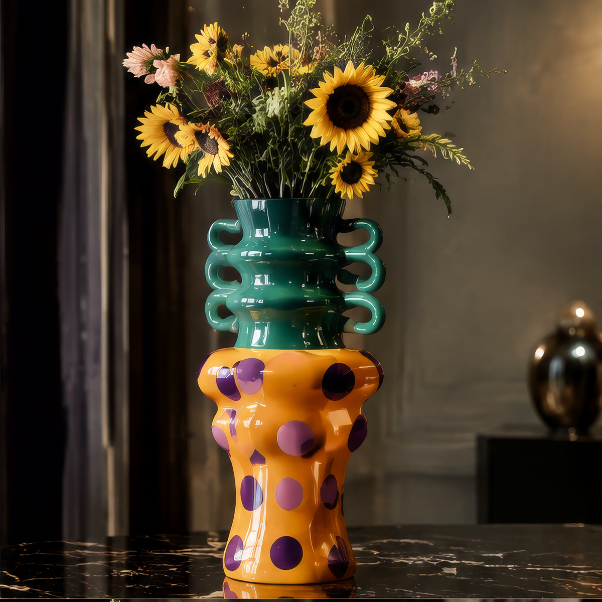 SCULPVE Two-Tone Polka Dot Loop-Handle Ceramic Vase