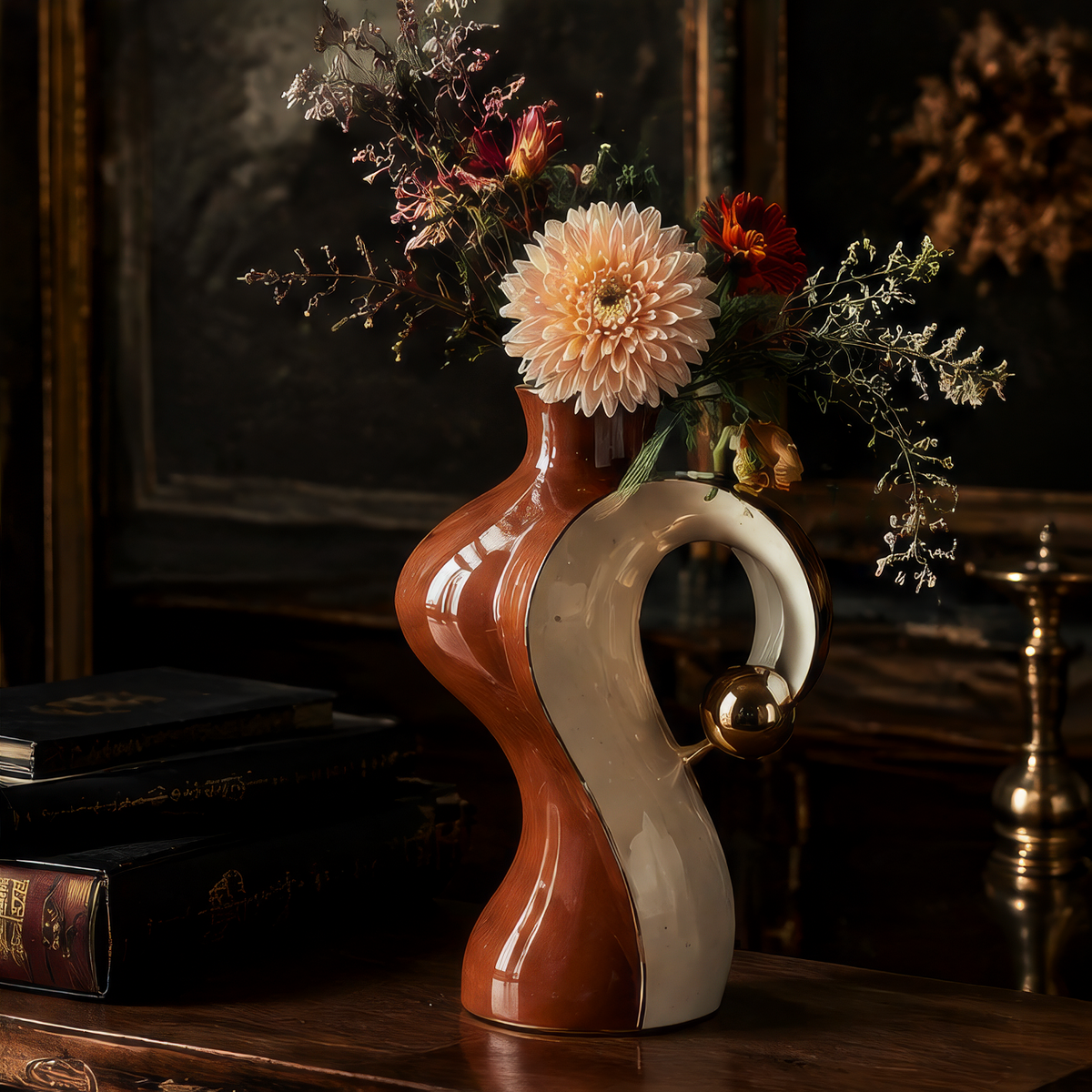 SCULPVE Rustic Brown Ivory Twist Loop Gold-Ball Ceramic Vase
