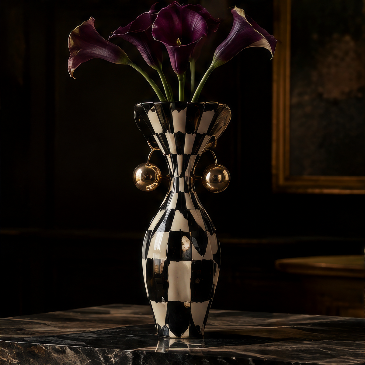 SCULPVE Ink Checkerboard Hourglass Brass-Ball Ceramic Vase