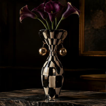 SCULPVE Ink Checkerboard Hourglass Brass-Ball Ceramic Vase