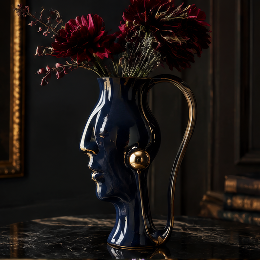 SCULPVE Ink Blue Gold-Rim Profile Face Ceramic Pitcher Vase