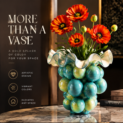 SCULPVE Teal Bubble Grid Ruffle-Rim Art Glass Vase