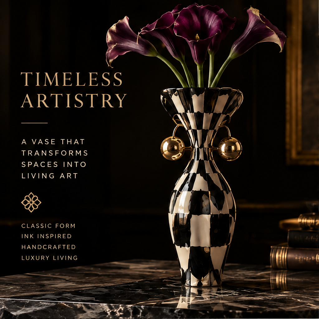 SCULPVE Ink Checkerboard Hourglass Brass-Ball Ceramic Vase