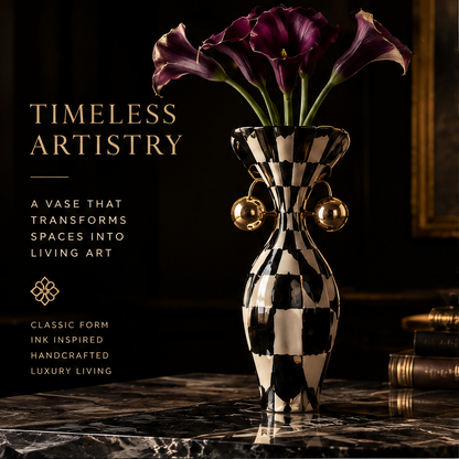 SCULPVE Ink Checkerboard Hourglass Brass-Ball Ceramic Vase