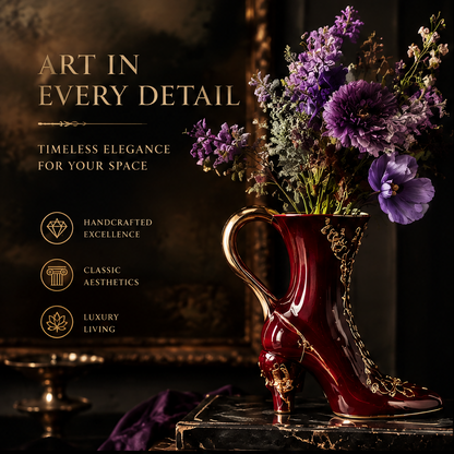 SCULPVE Burgundy Gold High-Heel Boot Ceramic Luxury Vase