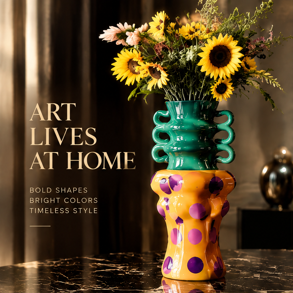 SCULPVE Two-Tone Polka Dot Loop-Handle Ceramic Vase