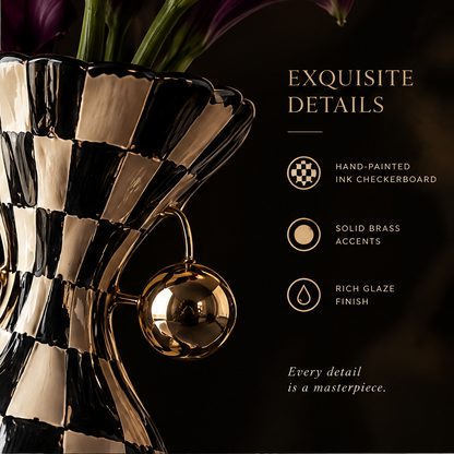 SCULPVE Ink Checkerboard Hourglass Brass-Ball Ceramic Vase