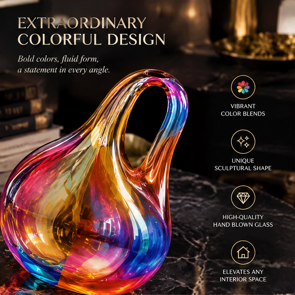 SCULPVE Rainbow Swirl Blown Glass Loop-Handle Vase