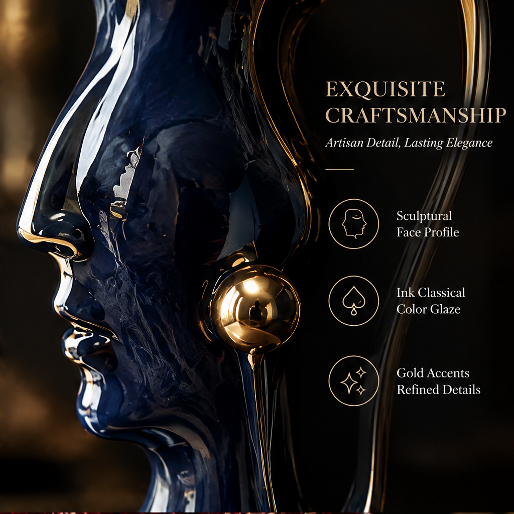 SCULPVE Ink Blue Gold-Rim Profile Face Ceramic Pitcher Vase