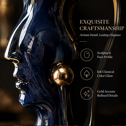SCULPVE Ink Blue Gold-Rim Profile Face Ceramic Pitcher Vase