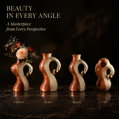 SCULPVE Rustic Brown Ivory Twist Loop Gold-Ball Ceramic Vase