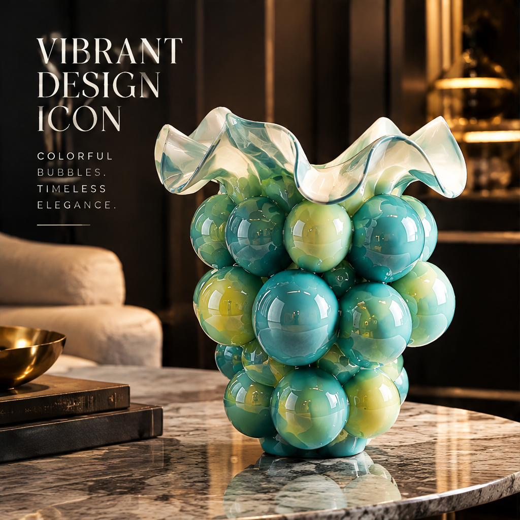 SCULPVE Teal Bubble Grid Ruffle-Rim Art Glass Vase
