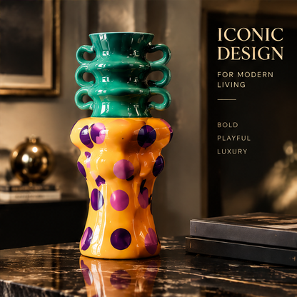SCULPVE Two-Tone Polka Dot Loop-Handle Ceramic Vase