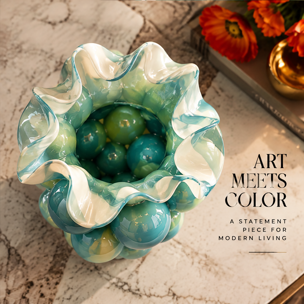 SCULPVE Teal Bubble Grid Ruffle-Rim Art Glass Vase
