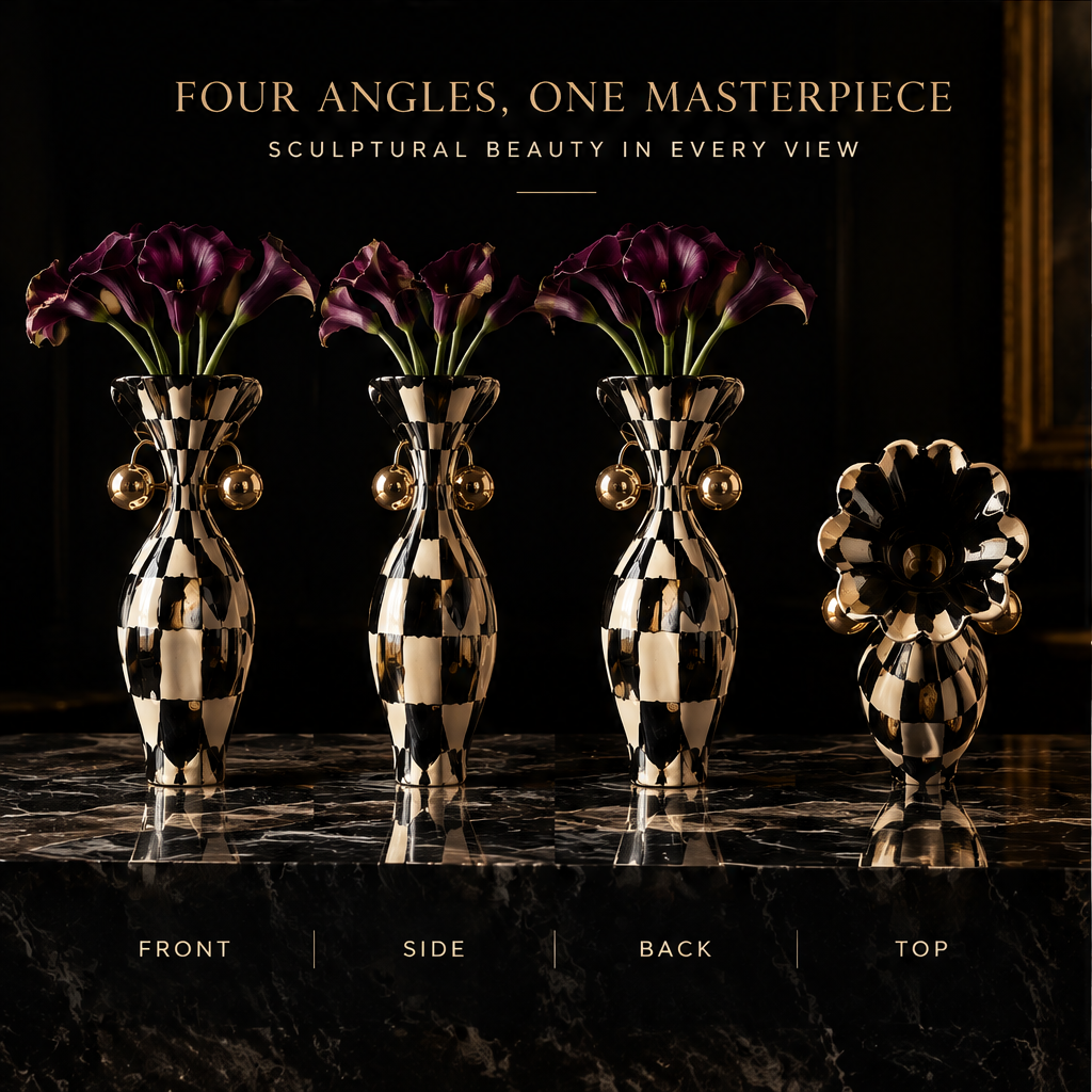 SCULPVE Ink Checkerboard Hourglass Brass-Ball Ceramic Vase