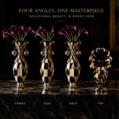 SCULPVE Ink Checkerboard Hourglass Brass-Ball Ceramic Vase